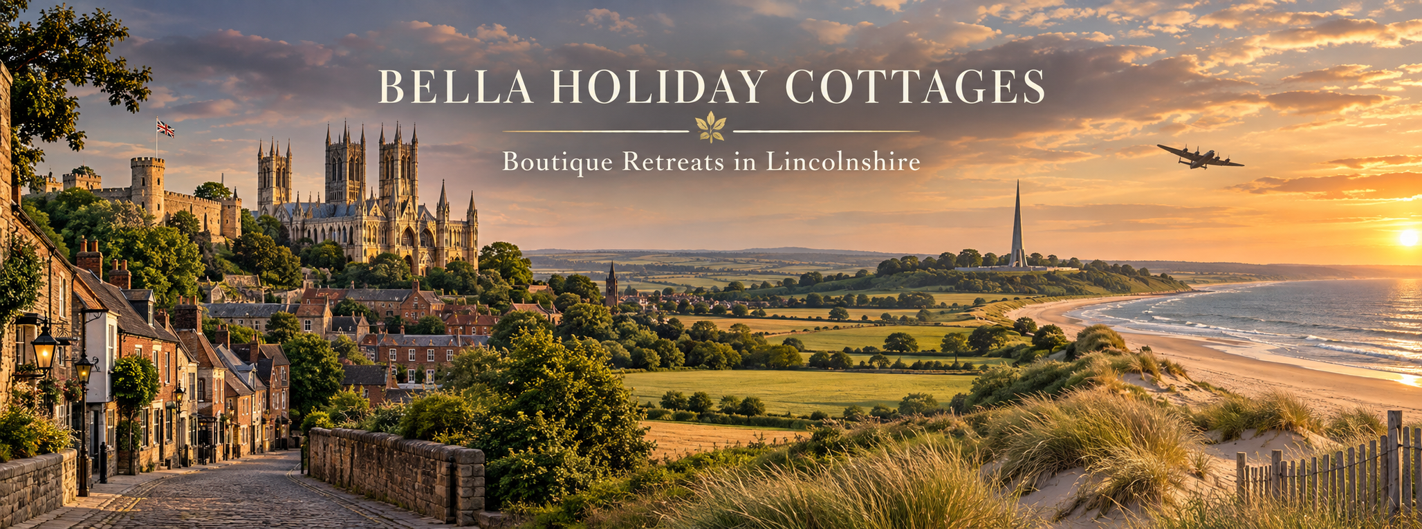 Illustrated panorama of Lincoln, Lincolnshire countryside and the coast beneath the Bella Holiday Cottages name